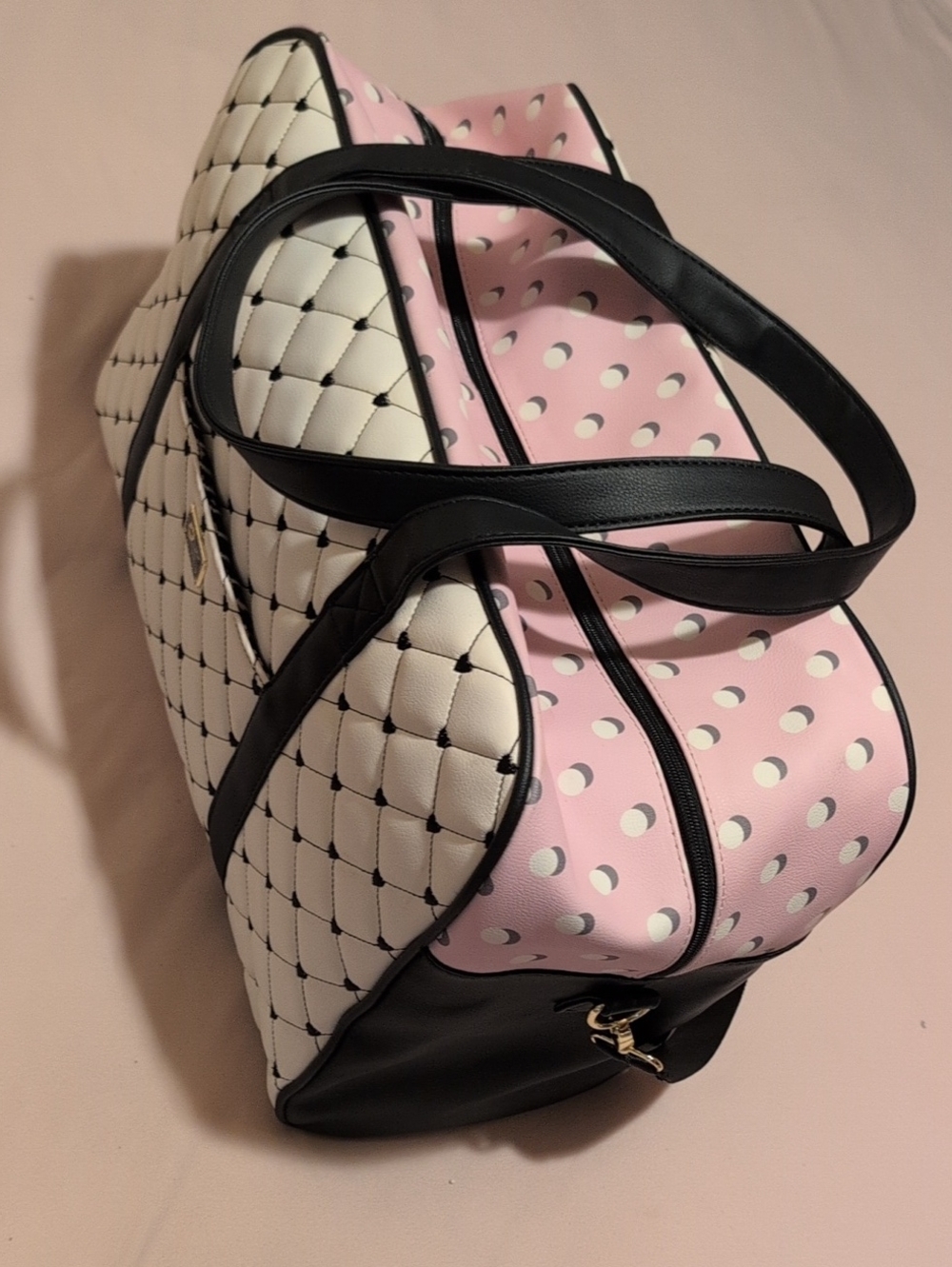 "LUV BETSEY" Betsey Johnson Pink, White & Black Quilted Polka Dot Weekender Bag